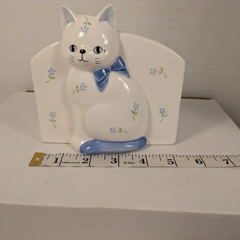 Ceramic Cat pen/ make up/ stationary Holder with Blue Accents by Otagiri